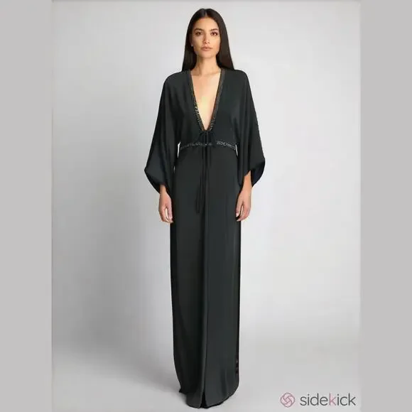 H&M | Dresses | Hm Black Maxi Dress 8 Deep V Open Back Ethereal Chiffon  Flowy Sleeve Goddess | Poshmark